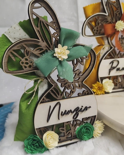 Coniglietto Pasquale in Legno Personalizzato con Sacchetto e Ovetti