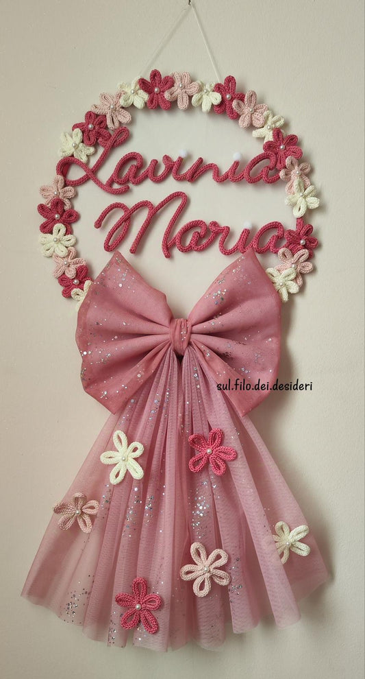 Fiocco Nascita ghirlanda fiori Tricotin con fiocco in tulle